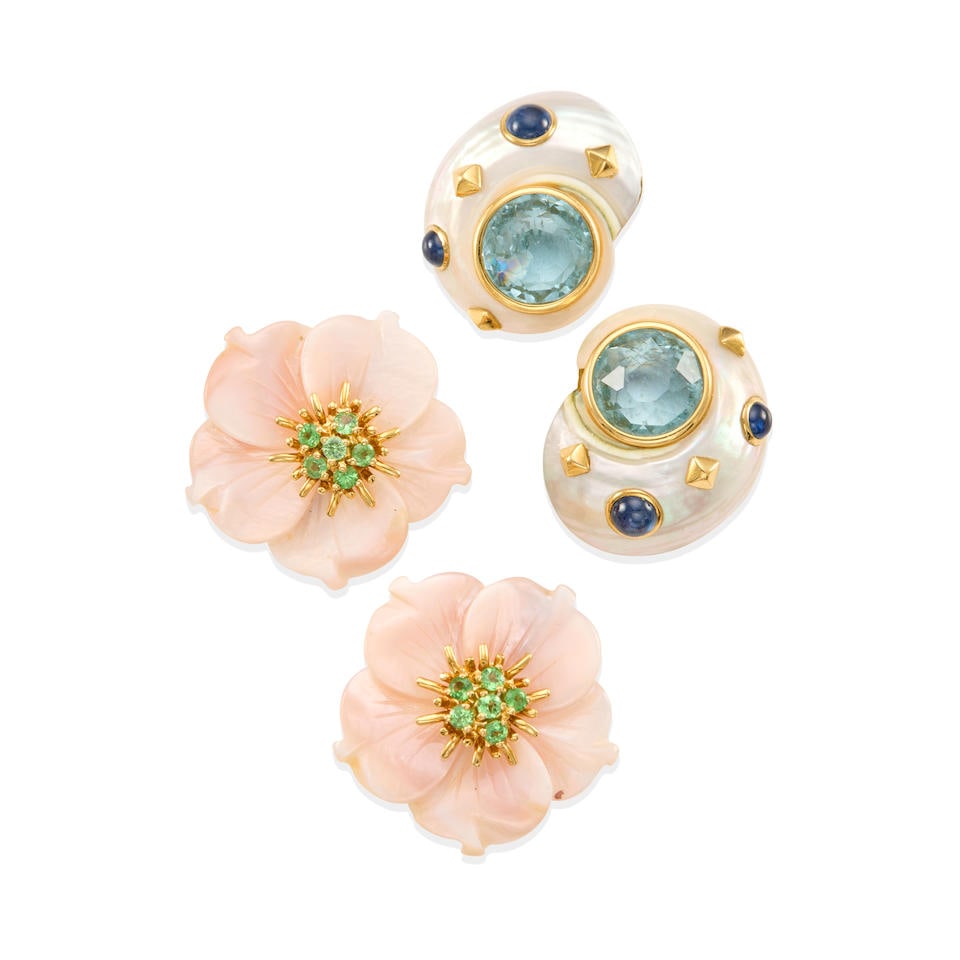 TWO 18K GOLD, SHELL AND GEM-SET EARRINGS (1 of 2)