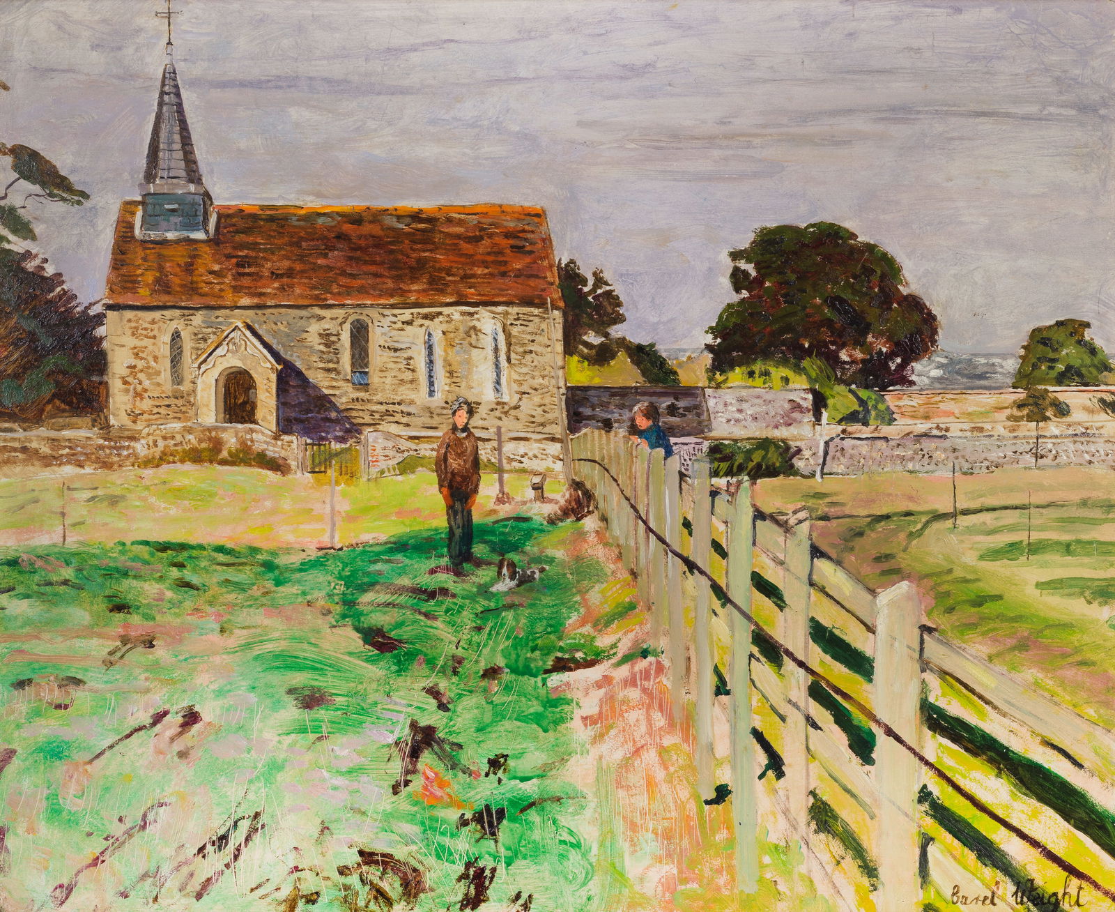 Carel Weight R.A. (British, 1908-1997) Looking Over the Fence: Carel Weight R.A. (British, 1908-1997) Looking Over the Fence signed 'Carel Weight' (lower right) oil on board 43.5 x 53cm (17 1/8 x 20 7/8in). This lot is subject to the following lot symbols: A&