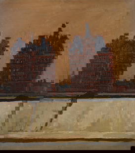 Edward Middleditch (British, 1923-1987) Doulton's Warehouses (View from Tate Gallery) (Painted i...: Edward Middleditch (British, 1923-1987) Doulton's Warehouses (View from Tate Gallery) oil on board 76 x 66cm (29 15/16 x 26in). Painted in 1951 Footnotes: Provenance The Artist, f