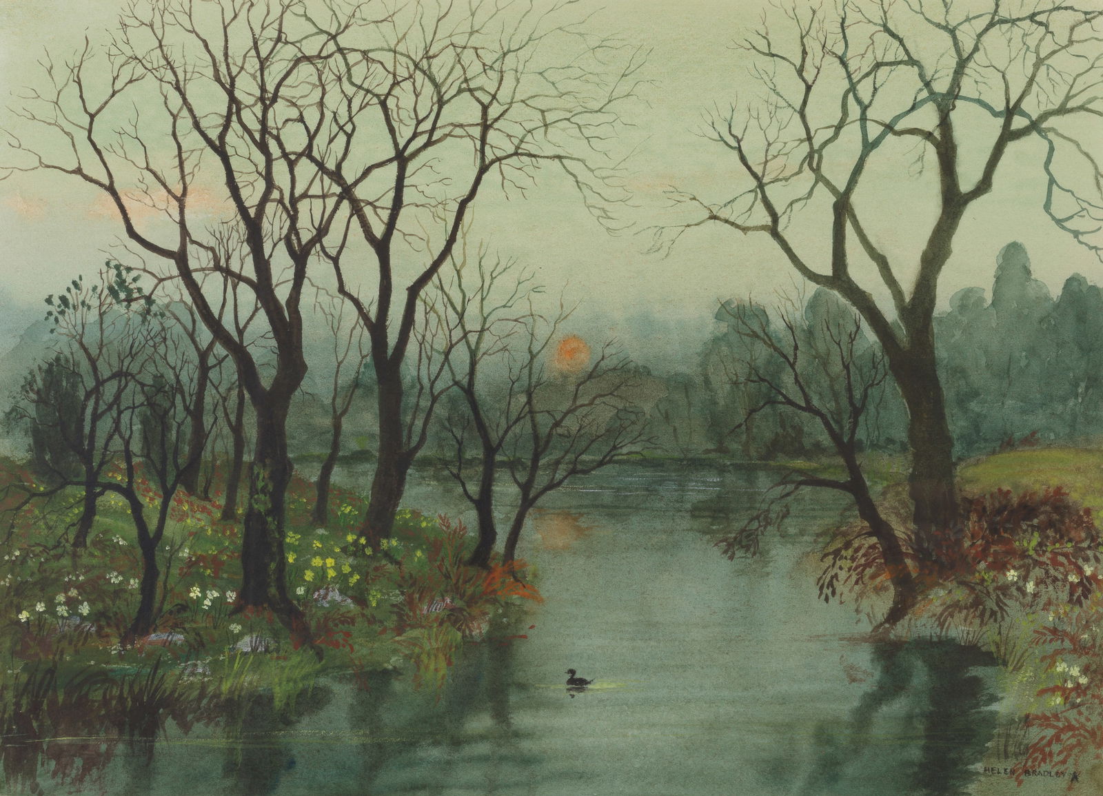 Helen Bradley (British, 1900-1979) Light Go Gently into the Silent Night: Helen Bradley (British, 1900-1979) Light Go Gently into the Silent Night signed 'HELEN BRADLEY' and with fly insignia (lower right); further signed and inscribed 'The air is heavy with/floating mists/