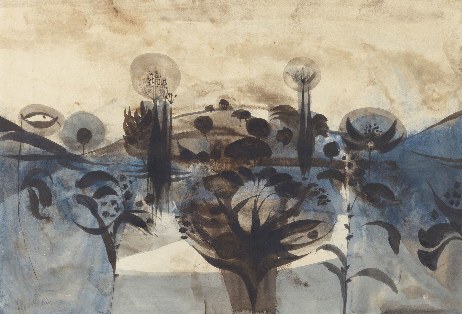 Alan Reynolds (British, 1926-2014) Autumn at Shoreham: Alan Reynolds (British, 1926-2014) Autumn at Shoreham signed and dated 'Reynolds/52' (lower left); titled and further dated 'Autumn at Shoreham 1952' (on sheet verso) watercolour on paper 32.5 x 48cm