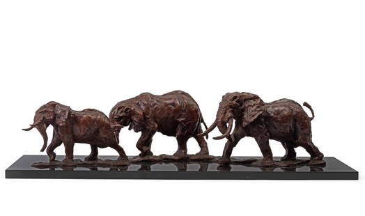 Mark Coreth (British, born 1958) Elephants 73cm (28 3/4in) wide: Mark Coreth (British, born 1958) Elephants signed and numbered 'M Coreth/3/9' (to lower edge) bronze with a dark brown patina 73cm (28 3/4in) wide Footnotes: Provenance With The Sladmore Gallery, Lond