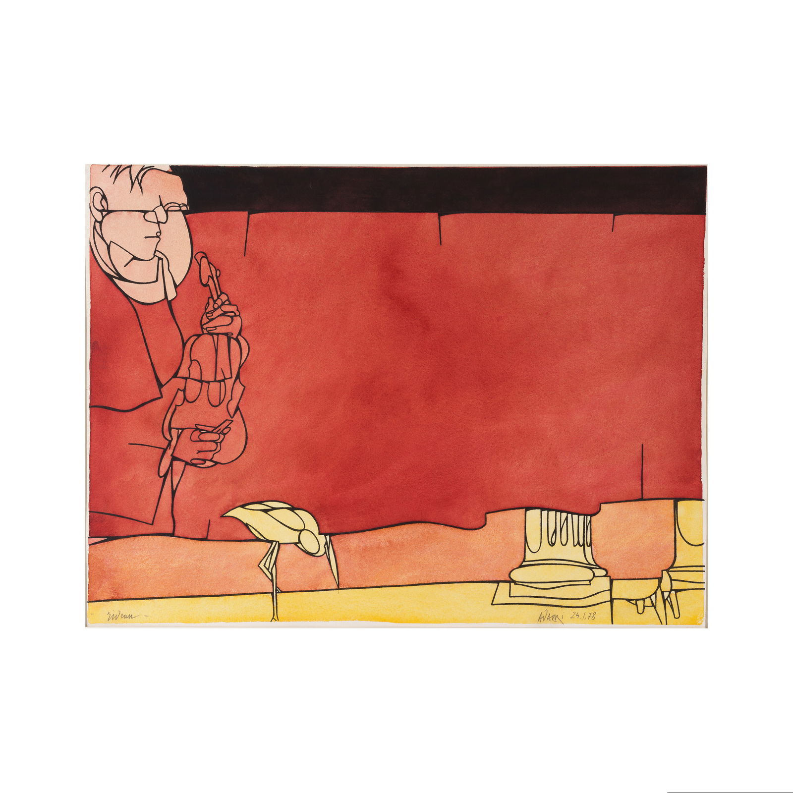 VALERIO ADAMI (N. 1935) Rideau 1978: VALERIO ADAMI (N. 1935) Rideau 1978 signé, titré et daté 24.1.78 acrylique, encre de Chine et mine de plomb sur papier signed, titled and dated 24.1.78 acrylic, India ink an