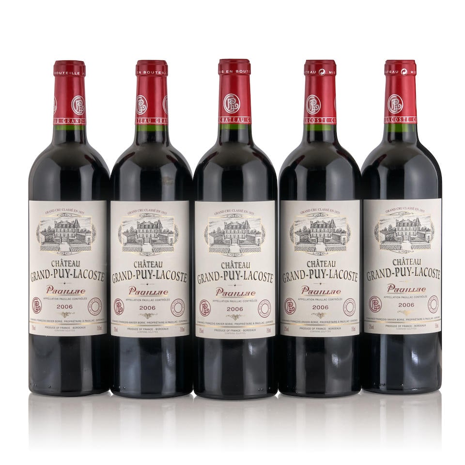 Château Grand Puy Lacoste 2006 (5 bottles): Château Grand Puy Lacoste 2006 Pauillac, 5èmes Cru Classé u: into neck 5 bottles Footnotes: Bordeaux, Left Bank This lot is subject to the following lot symbols: • • Zero ra