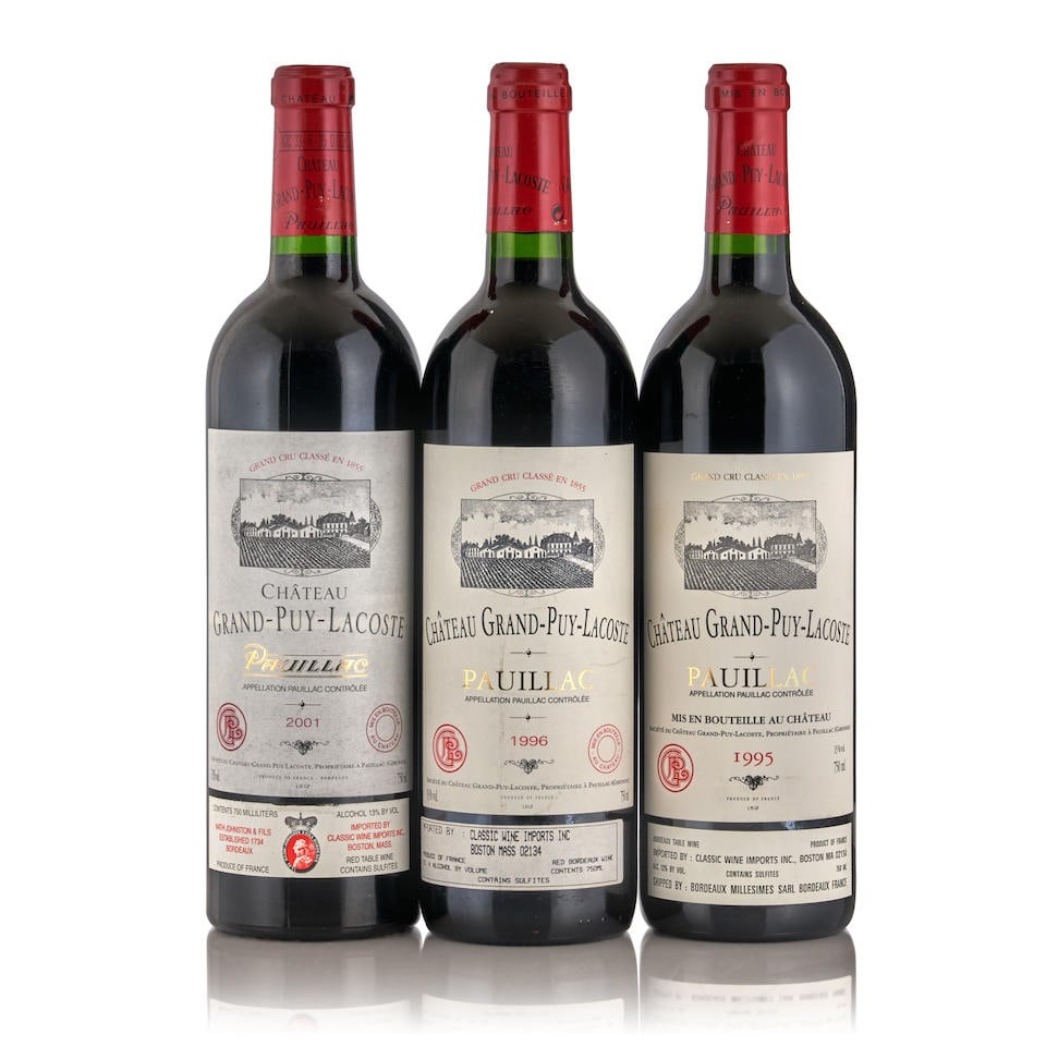 Mixed Château Grand Puy Lacoste (3 bottles): Mixed Château Grand Puy Lacoste Pauillac, 5èmes Cru Classé 1995, u: into neck, 1 bottle 1996, u: into neck, lightly scuffed label, 1 bottle 2001, u: into neck, lightly bin-s