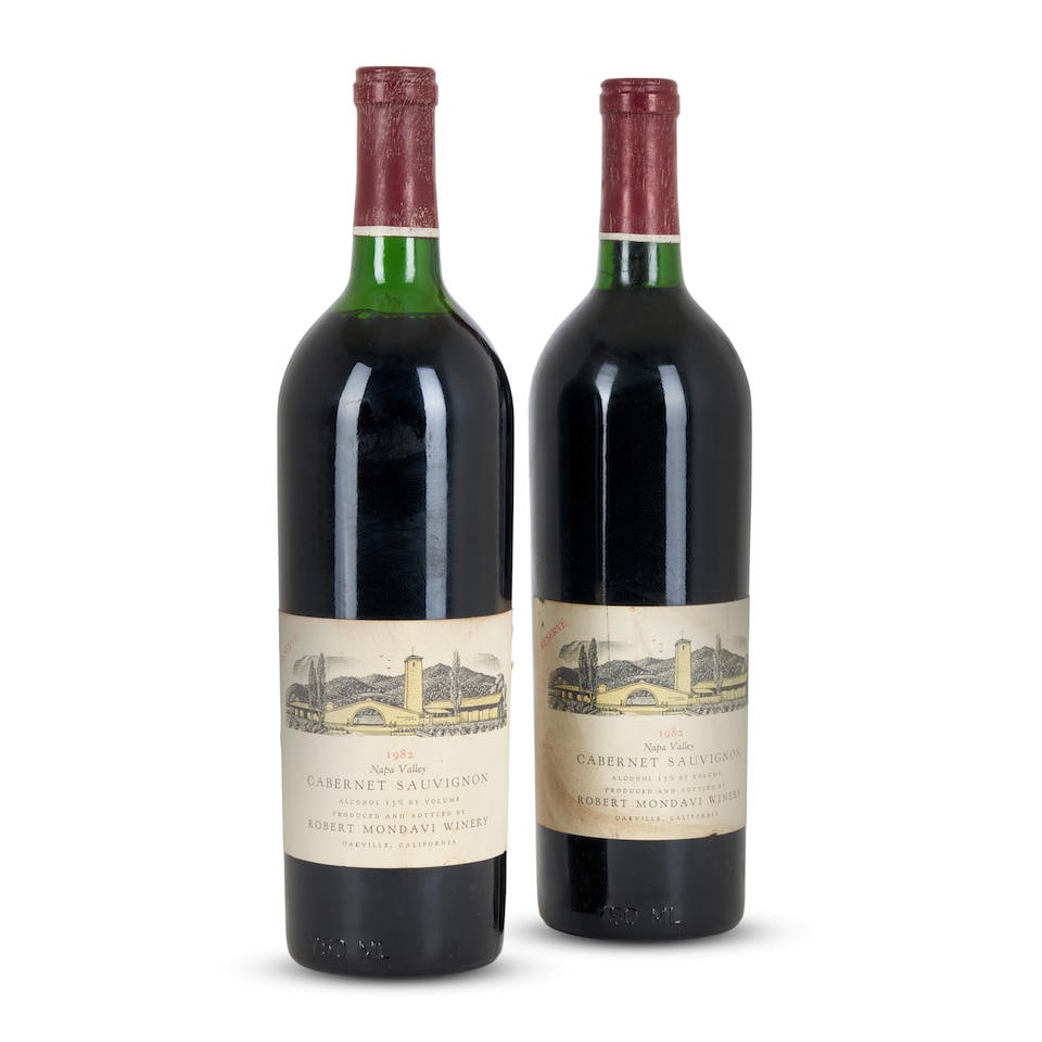 Robert Mondavi Cabernet Sauvignon Reserve 1982 (2 bottles): Robert Mondavi Cabernet Sauvignon Reserve 1982 Napa u: one bottom neck, one top shoulder; lightly nicked labels, one wine-stained label, one scuffed label, 1one bin-soiled label 2 bottles Footnotes: C