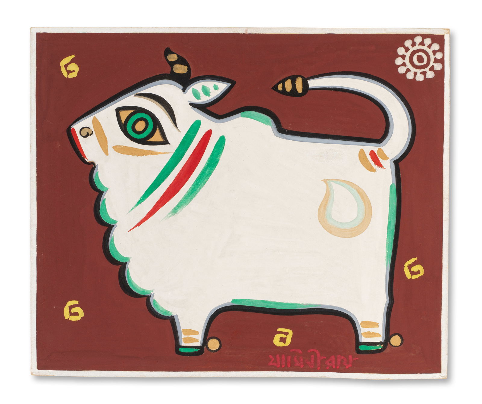 Jamini Roy (1887-1972) Untitled (Nandi): Jamini Roy (1887-1972) Untitled (Nandi) signed in Bengali lower centre right tempera on card 34.7 x 41.8cm (13 11/16 x 16 7/16in). Footnotes: Provenance Property from a pri