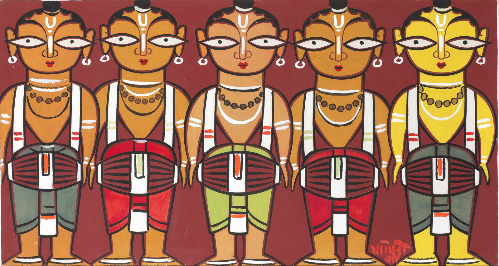 Jamini Roy (1887-1972) Untitled (Drummers): Jamini Roy (1887-1972) Untitled (Drummers) signed 'Jamini Roy' in Bengali lower right gouache on card, framed 38.2 x 72cm (15 1/16 x 28 3/8in). Footnotes: Provenance Proper