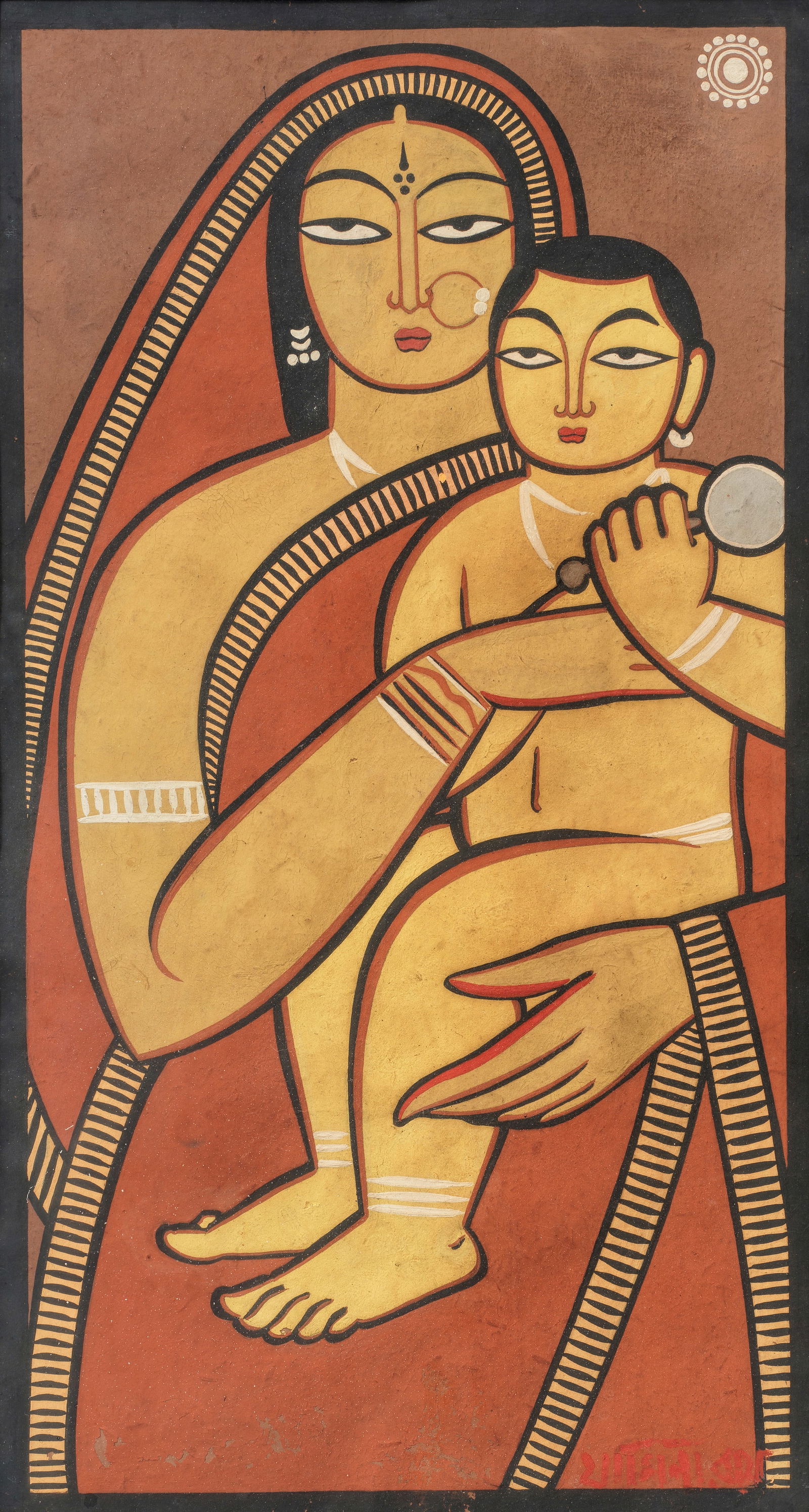 Jamini Roy (1887-1972) Untitled (Mother & Child): Jamini Roy (1887-1972) Untitled (Mother & Child) signed in Bengali lower right gouache on card, framed 50.8 x 27.3cm (20 x 10 3/4in). Footnotes: Provenance Property from a