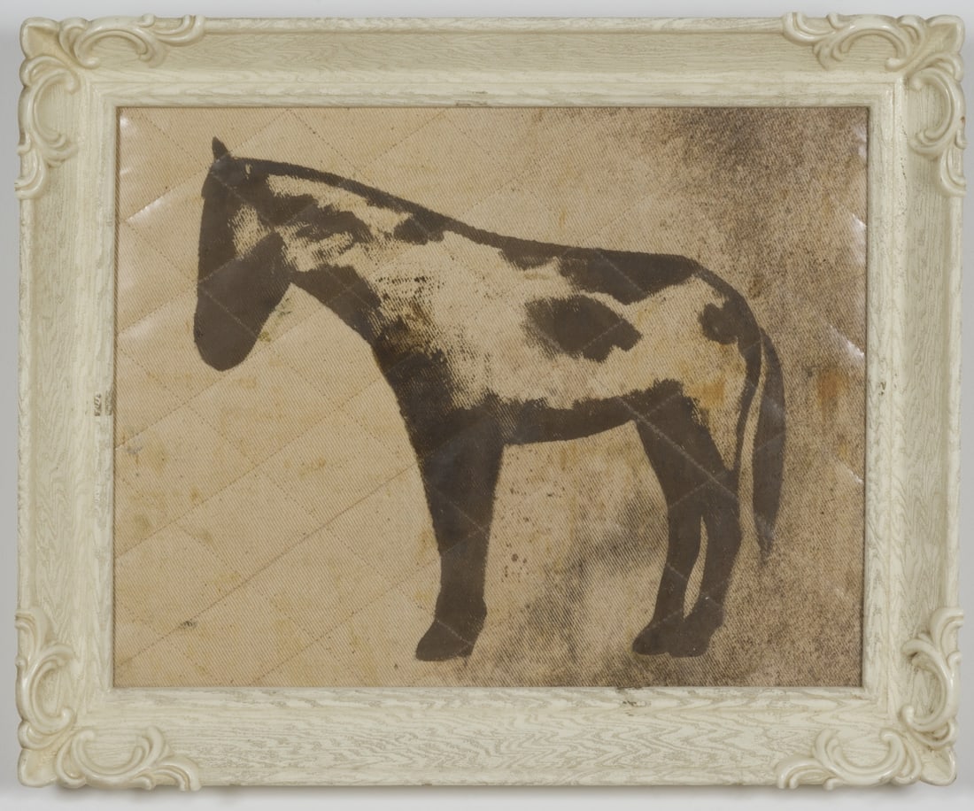 FRANCIS ALYS (born 1959) Sans titre (Stitched Donkey): FRANCIS ALYS (born 1959) Sans titre (Stitched Donkey) 1991 Technique mixte Gouache sur tissu matelassé plastifié Cadre en plastique Gemengde techniek Gouache op geplastificeerde gewatteerde