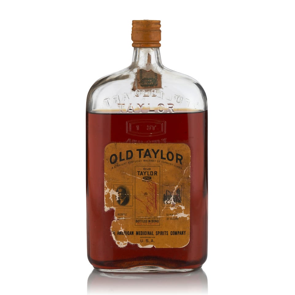 Old Taylor 1917 (1 quart bottle): Old Taylor 1917 (1 quart bottle) Kentucky official bottling, distilled Spring 1917, ripped label quart 50% 1 bottle Footnotes: United States, Bourbon Lot to be sold without reserve. This lot is subjec