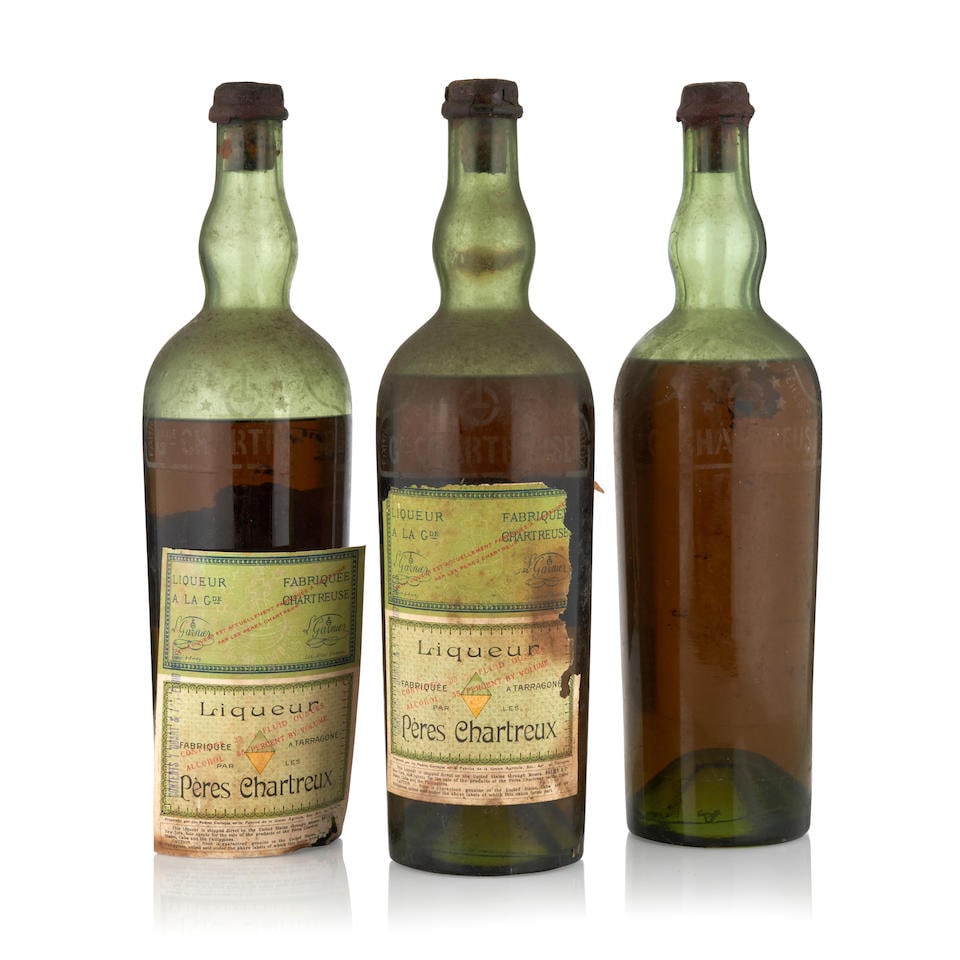 Pere Chartreux Green Chartreuse Tarragona (3 33.5oz bottles): Pere Chartreux Green Chartreuse Tarragona (3 33.5oz bottles) France official bottling, u: one mid-shoulder, one bottom shoulder, one low shoulder, glass blown in mold, applied top, driven Cork, one mi