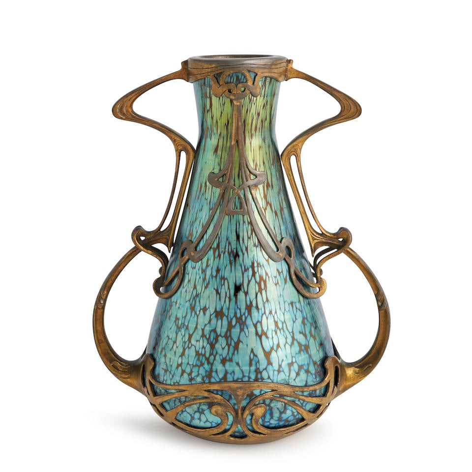 LOETZ FOR BOUDON & KLUR GILT METAL-MOUNTED GLASS VASE Czech Republic, c. 1900, ruby papillon dec...: LOETZ FOR BOUDON & KLUR GILT METAL-MOUNTED GLASS VASE Czech Republic, c. 1900, ruby papillon decor, metal mount with indistinct impressed marks, ht. 10 3/8 in. For further information on this lot plea