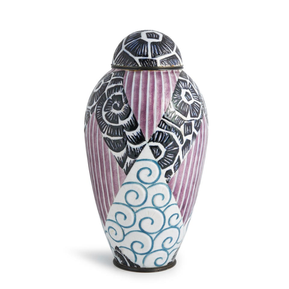 CAMILLE FAURE (1874-1956) ART DECO LARGE COVERED VASE Limoges, France, c. 1925, enamels on metal... (1 of 5)