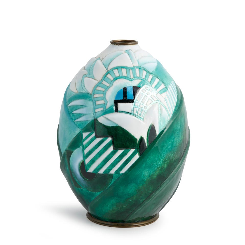 CAMILLE FAURE (1874-1956) ART DECO VASE Limoges, France, c. 1925, enamels on metal, painted gilt... (1 of 4)