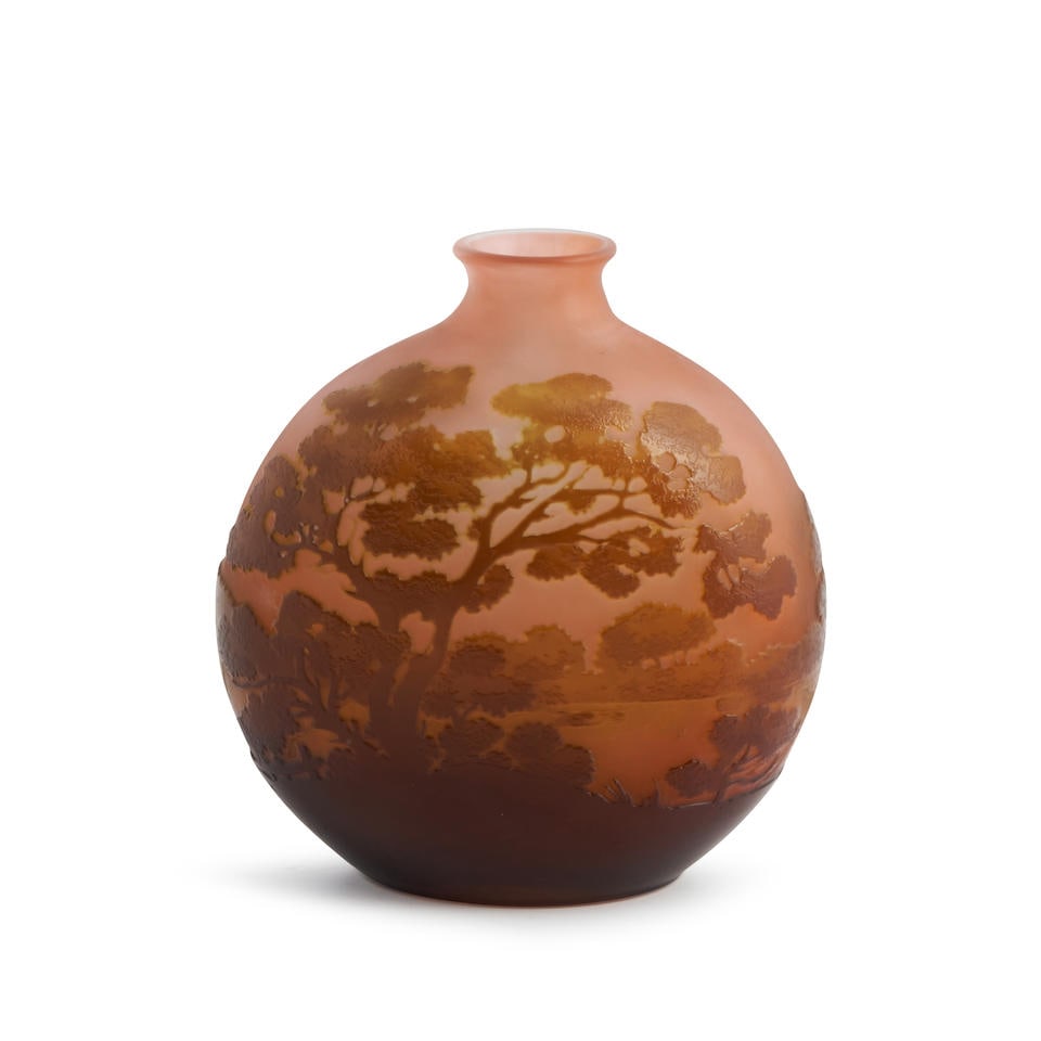 GALLE CAMEO GLASS VASE France, early 20th century, marked 'Galle,' ht. 4 3/4, wd. 4 1/4 in. (1 of 4)