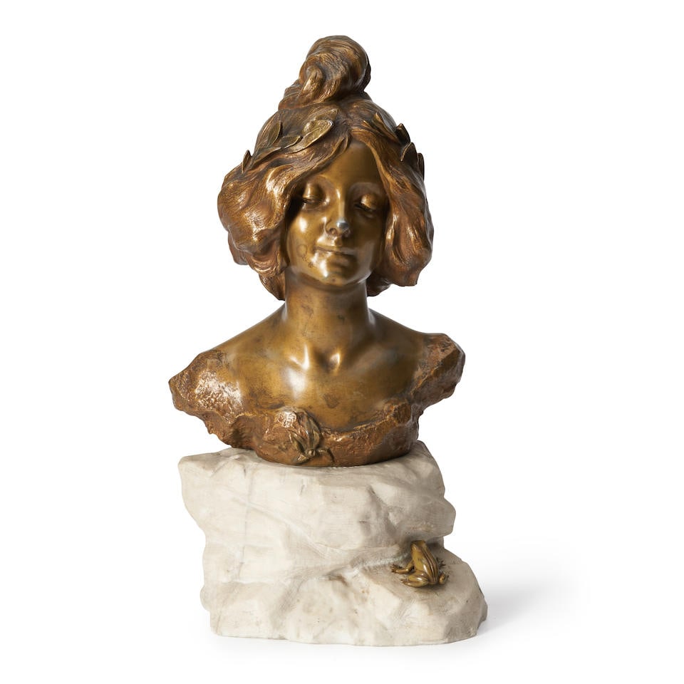JULIEN CAUSSE (1869-1938) FEMALE BUST France, c. 1900, patinated bronze, marble, signed 'J. Caus...: JULIEN CAUSSE (1869-1938) FEMALE BUST France, c. 1900, patinated bronze, marble, signed 'J. Causse,' ht. 17, approx. wd. 9, dp. 7 in. For further information on this lot please visit Bonhams.com For f