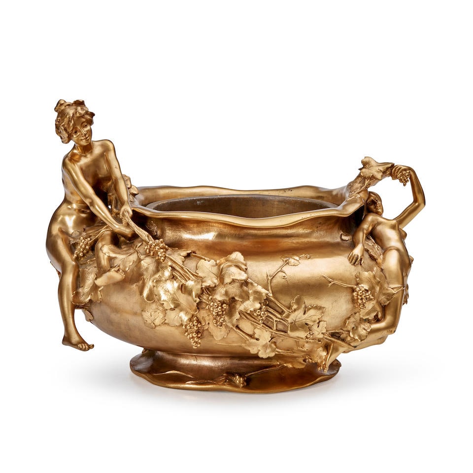 MAURICE BOUVAL (1863-1916) ART NOUVEAU FIGURAL JARDINIERE France, c. 1900, gilt bronze, metal li... (1 of 5)