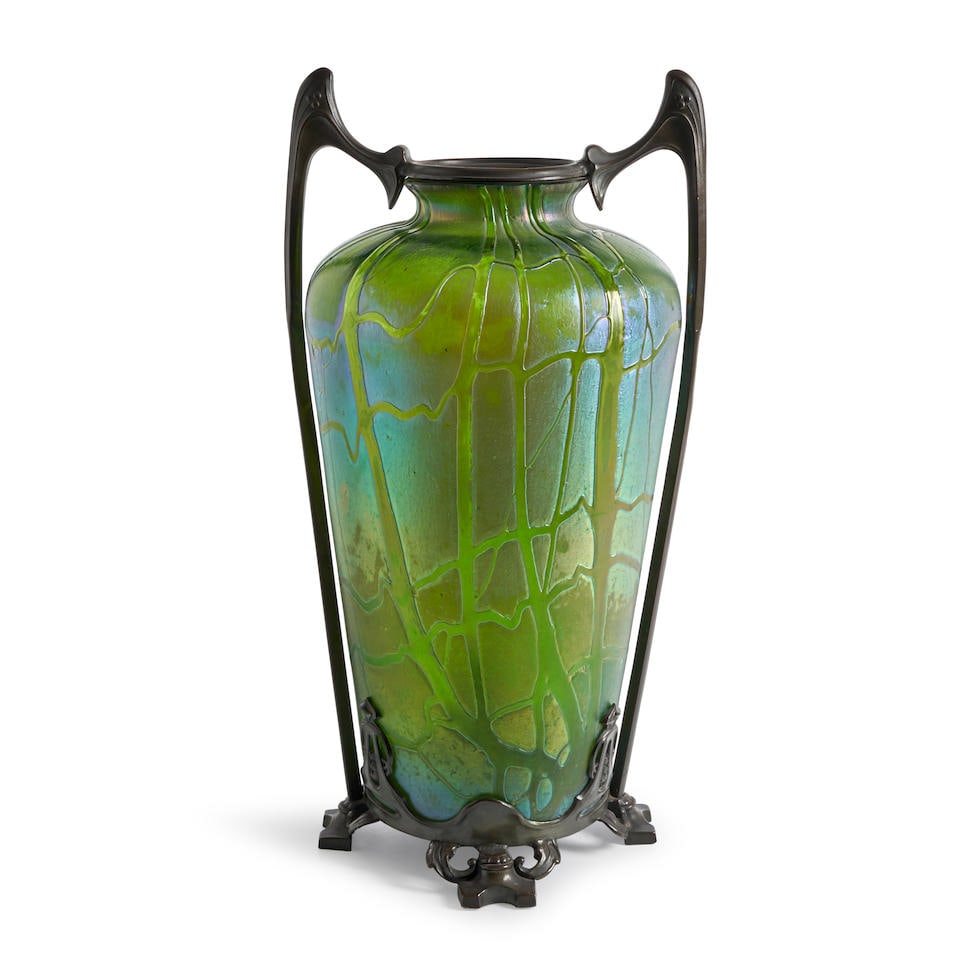 LOETZ BRONZE-MOUNTED 'PAMPAS' GLASS VASE Czech Republic, c. 1900, unmarked, ht. 16 3/4, handle t... (1 of 3)