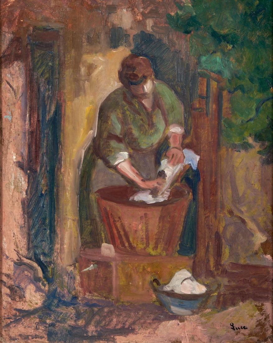 MAXIMILIEN LUCE (French, 1858-1941) Femme Lavant le Linge: MAXIMILIEN LUCE (French, 1858-1941) Femme Lavant le Linge with stamped signature 'Luce' (lower right) oil on canvas 16 1/4 x 13 in. (41.3 x 33.0 cm) framed 25 1/4 x 22 x 1 3/4 in. (64.1 x 55.9 x 4.4 c