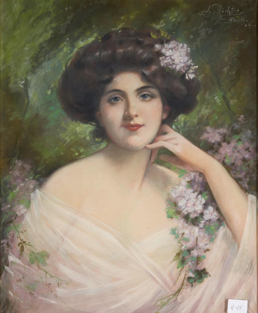 AUREL RICHTER (Hungarian, 1870-1957) Jeune Femme aux Fleurs: AUREL RICHTER (Hungarian, 1870-1957) Jeune Femme aux Fleurs signed, inscribed, and dated 'A. Richter / Paris / 1900' (upper right) pastel on paper sight size 22 1/2 x 18 1/2 in. (57.2 x 47.0 cm) frame