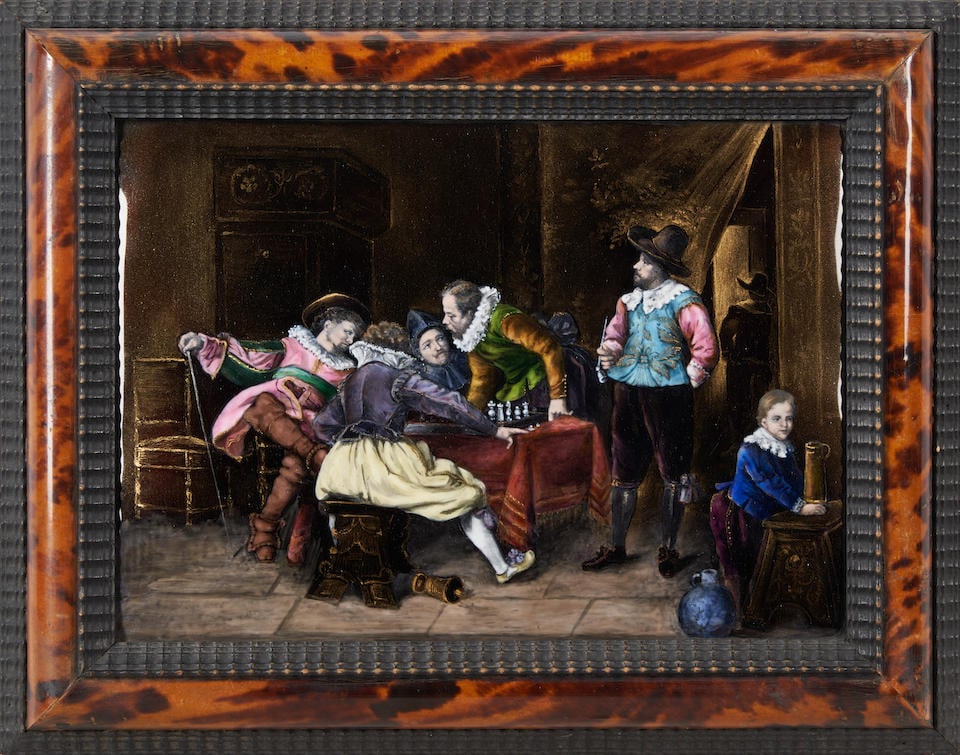 LIMOGES ENAMEL PLAQUE AFTER FERDINAND ROYBET (1840-1920) 'MOUSQUETAIRE ET JOUEURS D'ECHEC' Franc... (1 of 2)