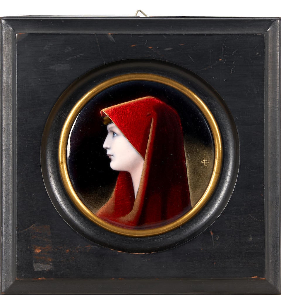 LIMOGES ENAMEL PORTRAIT PLAQUE France, c. 1900, enamels on copper, wood frame, signed 'CL,' plaq... (1 of 3)