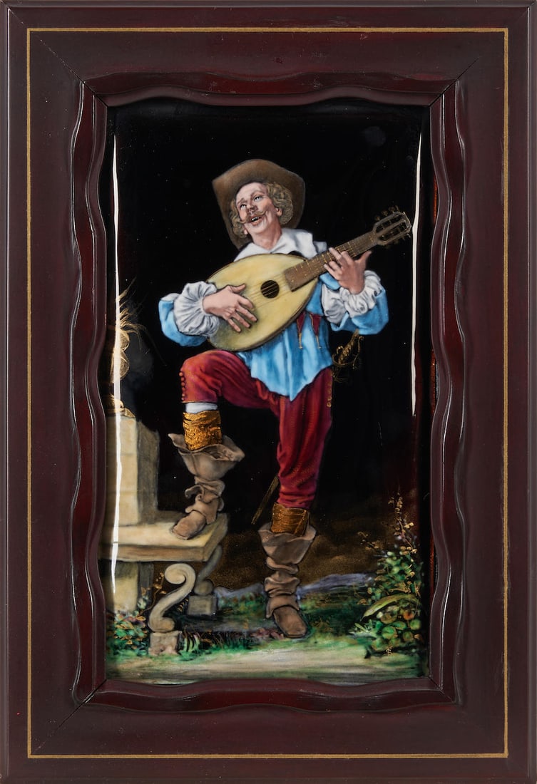 THEOPHILE SOYER (1853-1940) ENAMEL PLAQUE Limoges, France, c. 1900, enamels on copper, wood fram...: THEOPHILE SOYER (1853-1940) ENAMEL PLAQUE Limoges, France, c. 1900, enamels on copper, wood frame, signed 'TS,' plaque, ht. 7 3/8, wd. 4 1/8, frame, ht. 10, wd. 7 in. For further information on this l