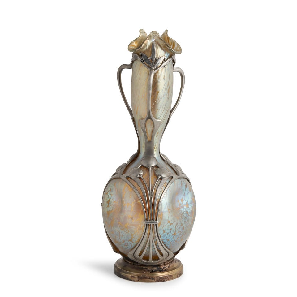 LOETZ IRIDESCENT GLASS AND PEWTER-MOUNTED VASE Czech Republic, c. 1900, silver-plated foot, unma... (1 of 3)