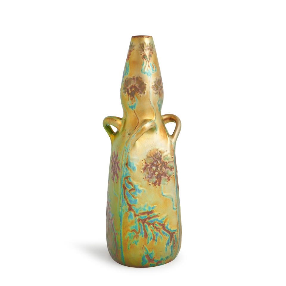 ZSOLNAY PECS ART NOUVEAU LUSTER VASE WITH TWIST HANDLES Pecs, Hungary, c. 1900, glazed ceramic, ... (1 of 3)