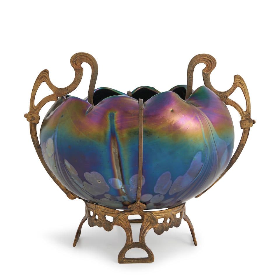 ART NOUVEAU IRIDESCENT GLASS AND METAL-MOUNTED VASE Czech Republic, c. 1900, unmarked, ht. 6 1/2... (1 of 3)