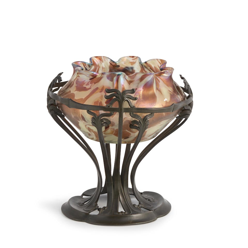 ART NOUVEAU IRIDESCENT GLASS AND METAL-MOUNTED VASE Czech Republic, c. 1900, unmarked, ht. 7 1/2... (1 of 3)
