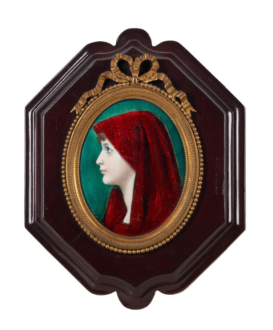 LIMOGES ENAMEL PORTRAIT PLAQUE France, early 20th century, enamels on copper, wood and patinated... (1 of 2)