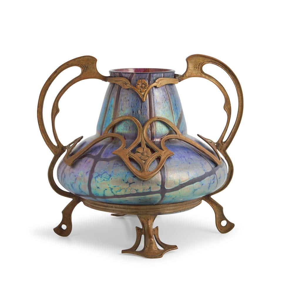 LOETZ 'PAMPAS' GLASS AND METAL MOUNTED VASE Czech Republic, c. 1900, unmarked, ht. 7 1/2, handle...: LOETZ 'PAMPAS' GLASS AND METAL MOUNTED VASE Czech Republic, c. 1900, unmarked, ht. 7 1/2, handle to handle wd. 8 1/4 in. For further information on this lot please visit Bonhams.com For further inform