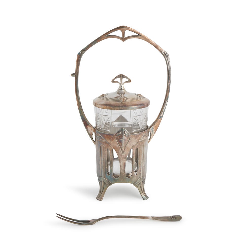 WMF PICKLE JAR WITH FORK Germany, c. 1915, silver plated metal, glass, fork with impressed stamp... (1 of 3)