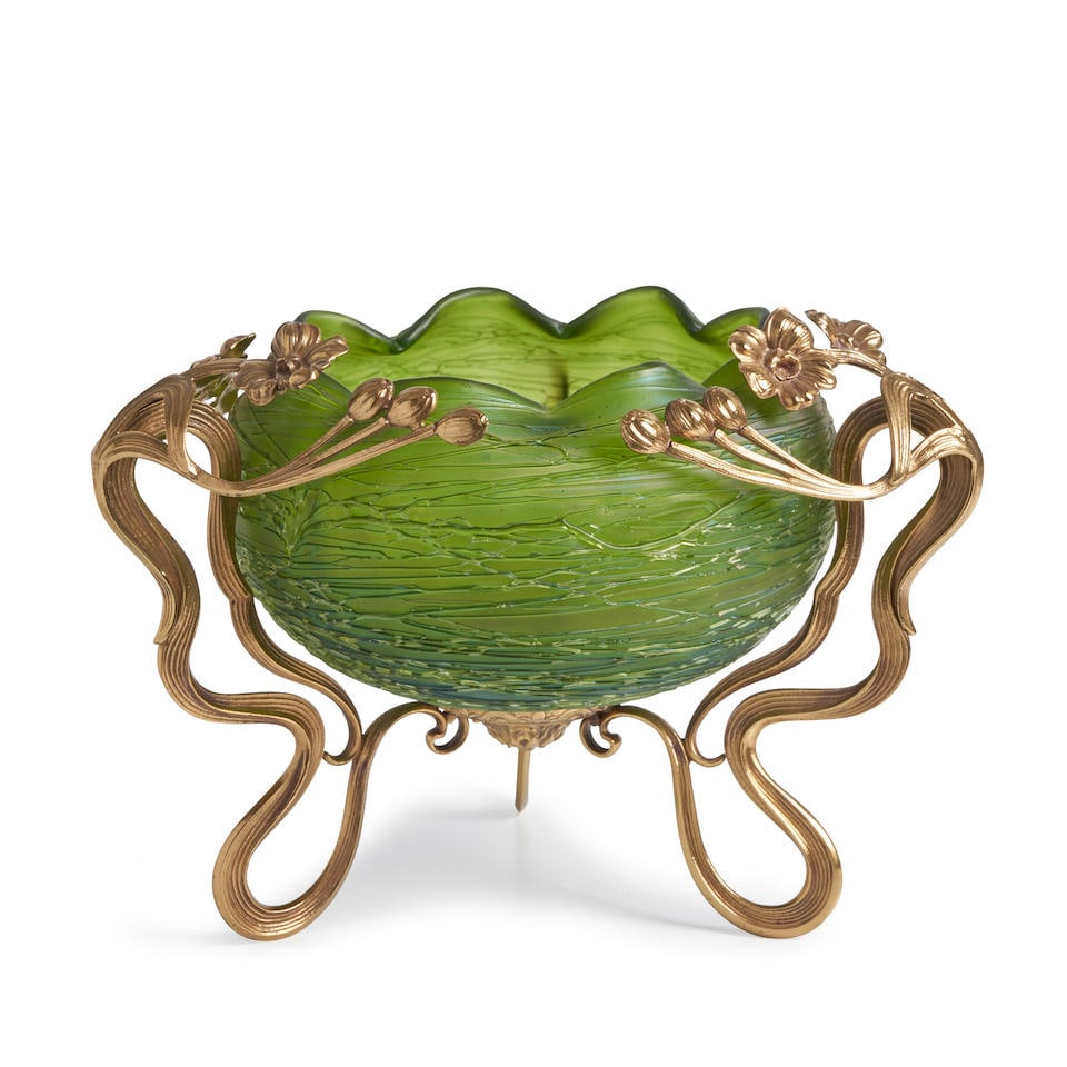 LOETZ GILT-METAL-MOUNTED GLASS CENTERPIECE Czech Republic, c. 1905, unmarked, ht. 9 3/8, approx....: LOETZ GILT-METAL-MOUNTED GLASS CENTERPIECE Czech Republic, c. 1905, unmarked, ht. 9 3/8, approx. dia. 12 in. For further information on this lot please visit Bonhams.com For further information about