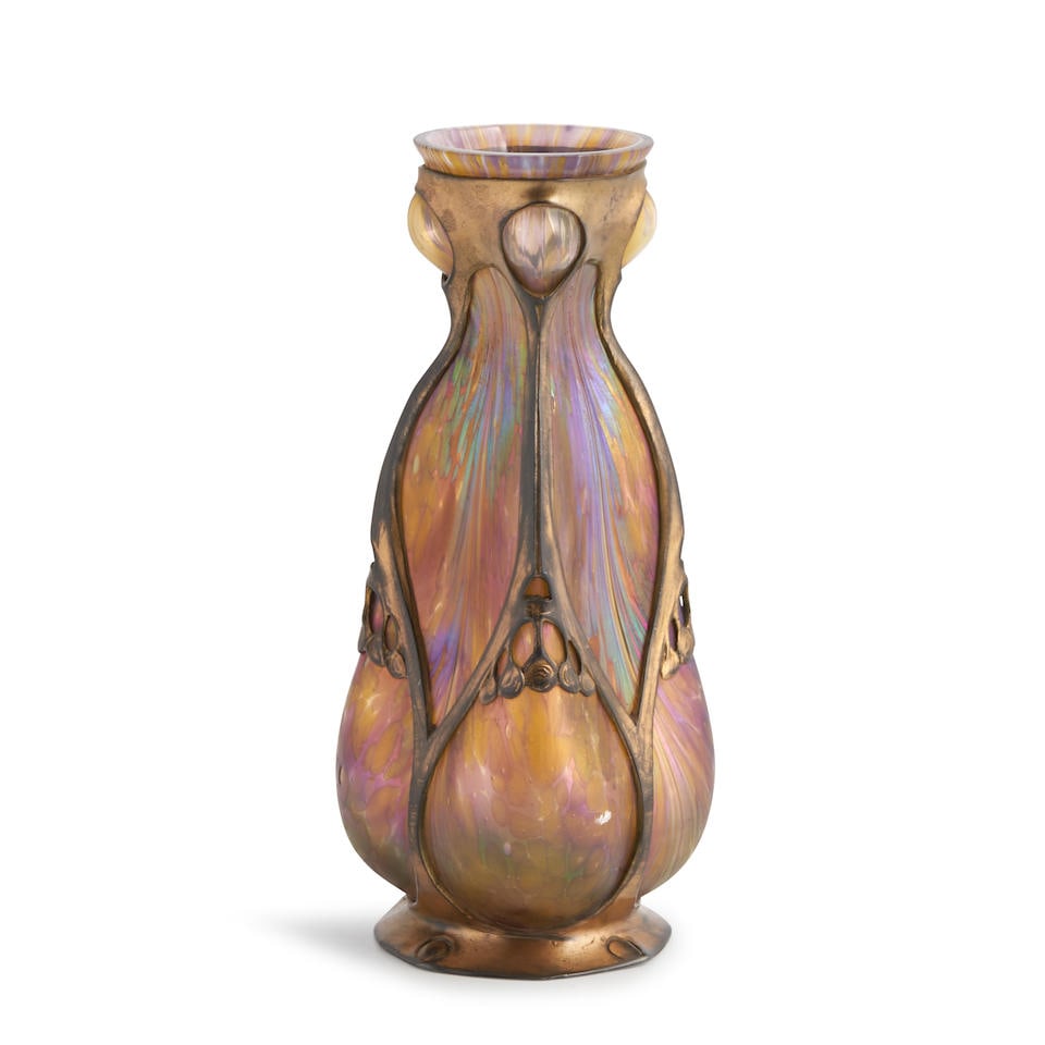 LOETZ GILT-METAL-MOUNTED IRIDESCENT GLASS VASE Czech Republic, c. 1900, unmarked, ht. 7 in. (1 of 4)