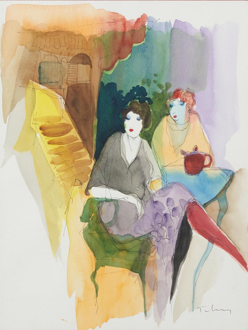 ITZCHAK TARKAY (Israeli, 1935-2012) Two Chic Women at Tea (1 of 4)