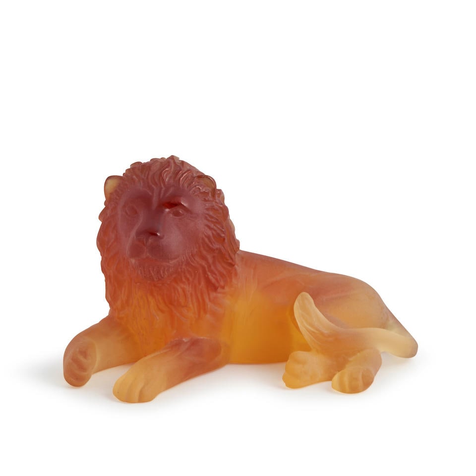 DAUM FRANCE RECUMBENT LION FIGURE France, modern, pate de verre, incised mark 'Daum France,' ht.... (1 of 3)