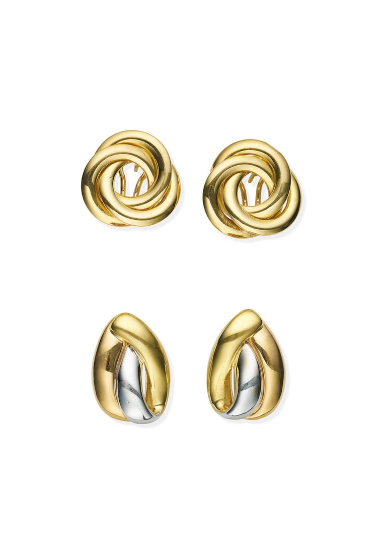 BUCHERER | PAIR OF TRI-COLOURED GOLD EARRINGS, TOGETHER WITH A SECOND PAIR OF GOLD EARRINGS: BUCHERER | PAIR OF TRI-COLOURED GOLD EARRINGS, TOGETHER WITH A SECOND PAIR OF GOLD EARRINGS 1. Bucherer tri-coloured gold earrings with post and clip fitting, maker's mark CB, stamped 750, accompanied