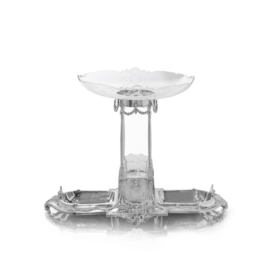 WMF (Württembergische Metallwarenfabrik) Epergne, circa 1890: WMF (Württembergische Metallwarenfabrik) Epergne, circa 1890 Silvered metal, of double dished form, to the centre with four columns raising an etched glass dish over an acid etched bowl, raised o