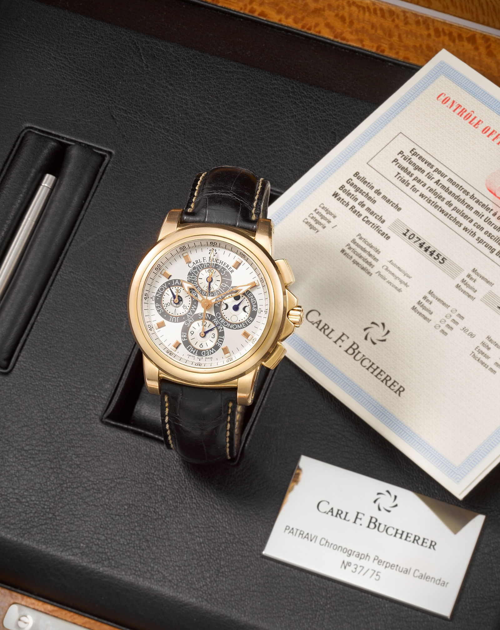 Carl F Bucherer. A fine and rare Limited Edition 18K rose gold automatic perpetual calendar chro...: Carl F Bucherer. A fine and rare Limited Edition 18K rose gold automatic perpetual calendar chronograph wristwatch with moon phase Model: Patravi Tribute to Fritz Brun, No.37/75 Reference: 10614.03 Da