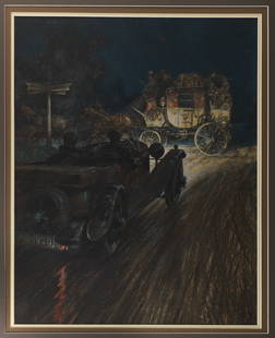Frederick Gordon Crosby (British, 1885-1943), 'Romance', an original artwork for The Autocar, 1928,: Frederick Gordon Crosby (British, 1885-1943), 'Romance', an original artwork for The Autocar, 1928, signed lower right, watercolour, charcoal and pastel on artists' board, a night time scene depicting