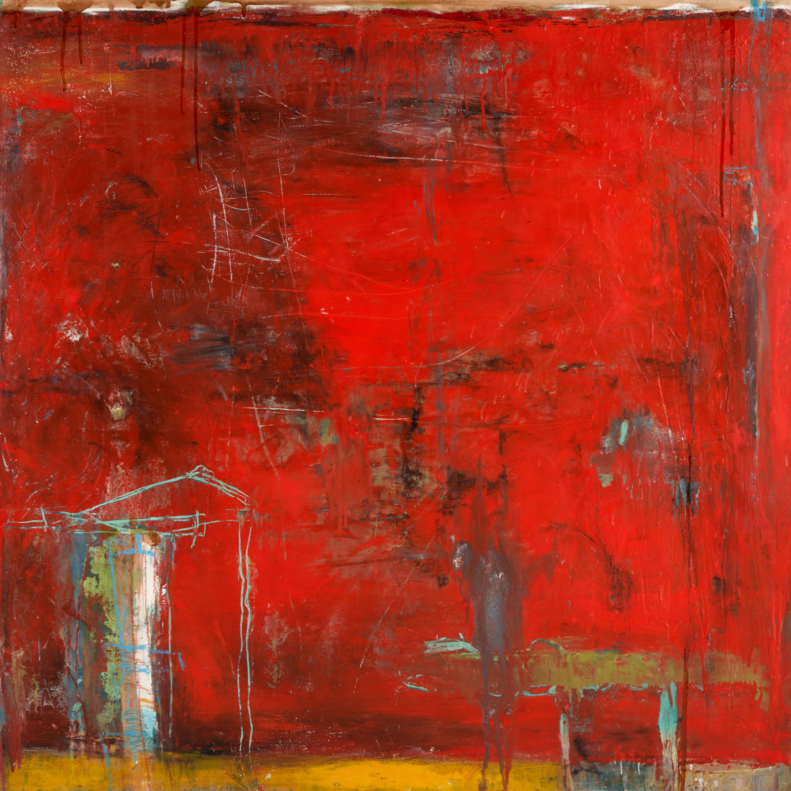 RON EHRLICH (American, born 1954) Abstract in Red (48 x 48 x 4 in. (121.9 x 121.9 x 10.2 cm)unfr...: RON EHRLICH (American, born 1954) Abstract in Red signed in pencil (on the reverse); with a stamp from Stephen Haller Gallery, New York (on the reverse) oil and encaustic on panel 48 x 48 x 4 in. (121
