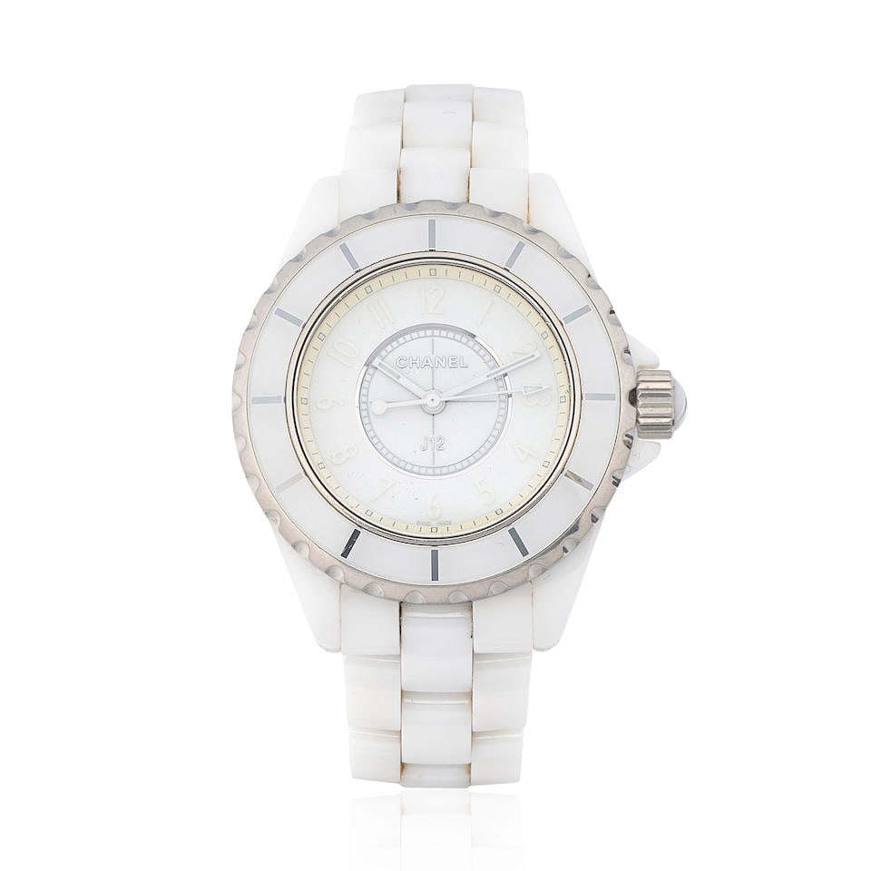 Chanel. A lady's white ceramic and stainless steel quartz bracelet watch J12 White Phantom 10th...: Chanel. A lady's white ceramic and stainless steel quartz bracelet watch Model: J12 White Phantom 10th Anniversary Limited Edition Reference: H2000/ H3442 Date: Purchased 27th December 2013 Movement: