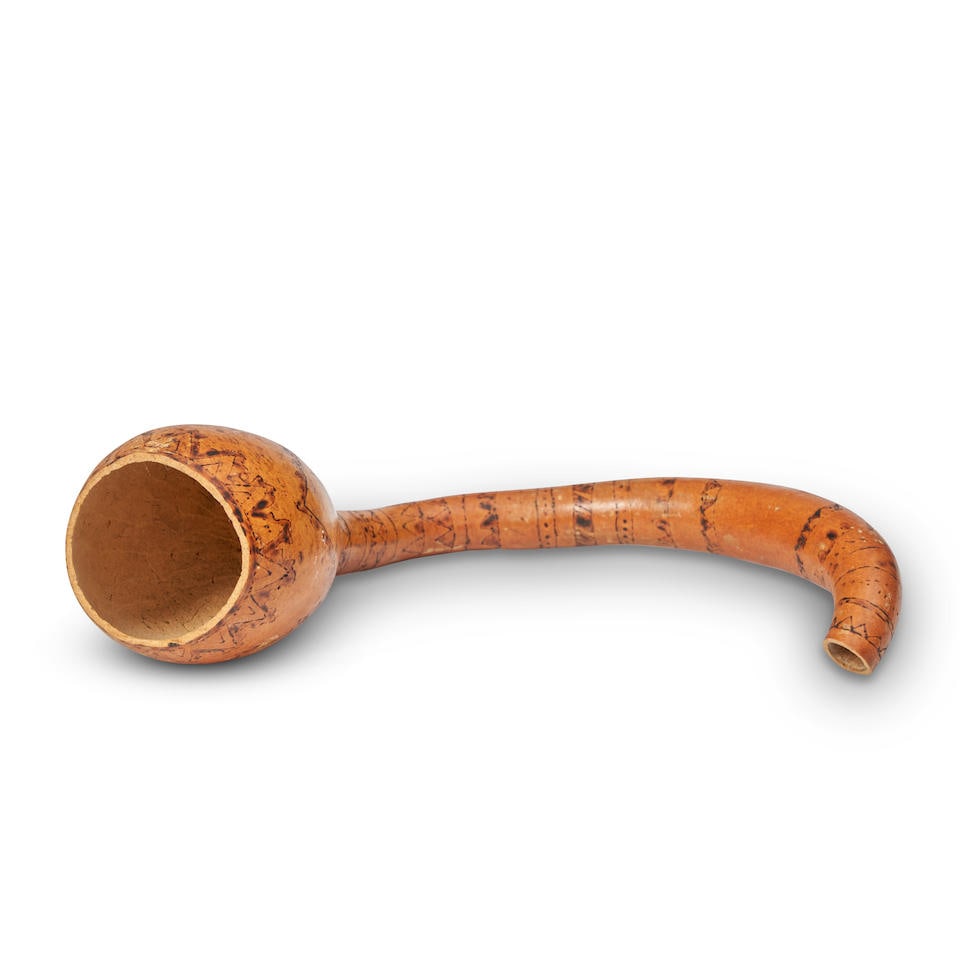 CARVED AND PAINTED ACOCOTE TRUMPET El Pozo, Mexico, 20th century.: CARVED AND PAINTED ACOCOTE TRUMPET El Pozo, Mexico, 20th century. lg. 12 3/4 in. Footnotes: Provenance Alina Monterrubio, San Miguel de Allende, Mexico, 16 February 1989. Lot to be sold without reserv