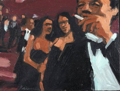ROBERT FREEMAN (American, born 1946) Untitled (Waiting in Line): ROBERT FREEMAN (American, born 1946) Untitled (Waiting in Line) Oil on canvas, signed indistinctly lower left, framed, 12 1/8 x 16 in. (30.8 x 40.6 cm) sight size, 14 1/4 x 18 x 1 3/4 in. (36.2 x 45.7