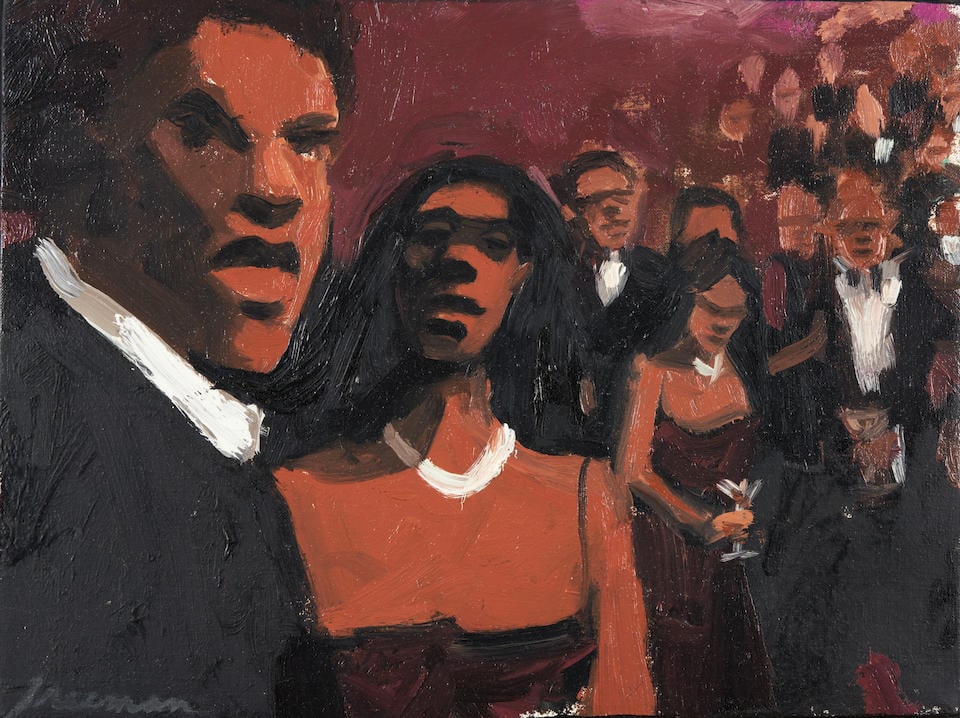 ROBERT FREEMAN (American, born 1946) Untitled (A Black Tie Event): ROBERT FREEMAN (American, born 1946) Untitled (A Black Tie Event) Oil on canvas, signed indistinctly lower left, framed, (12 1/8 x 16 in. (30.8 x 40.6 cm) sight size, 14 1/4 x 18 x 1 3/4 in. (36.2 x 4