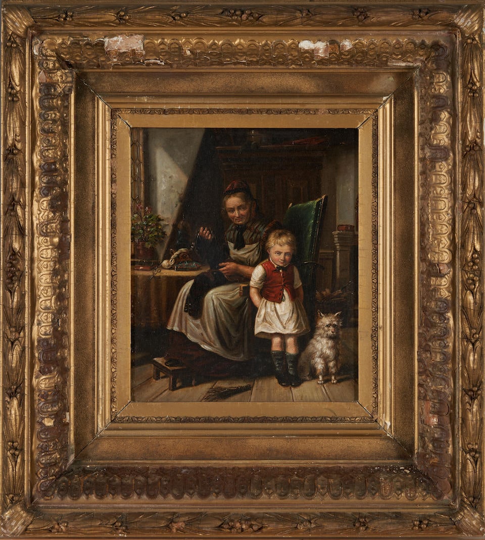 French School, 19th Century A Grandmother and Child with a Dog in the Sitting Room framed 58.0 x... (1 of 3)