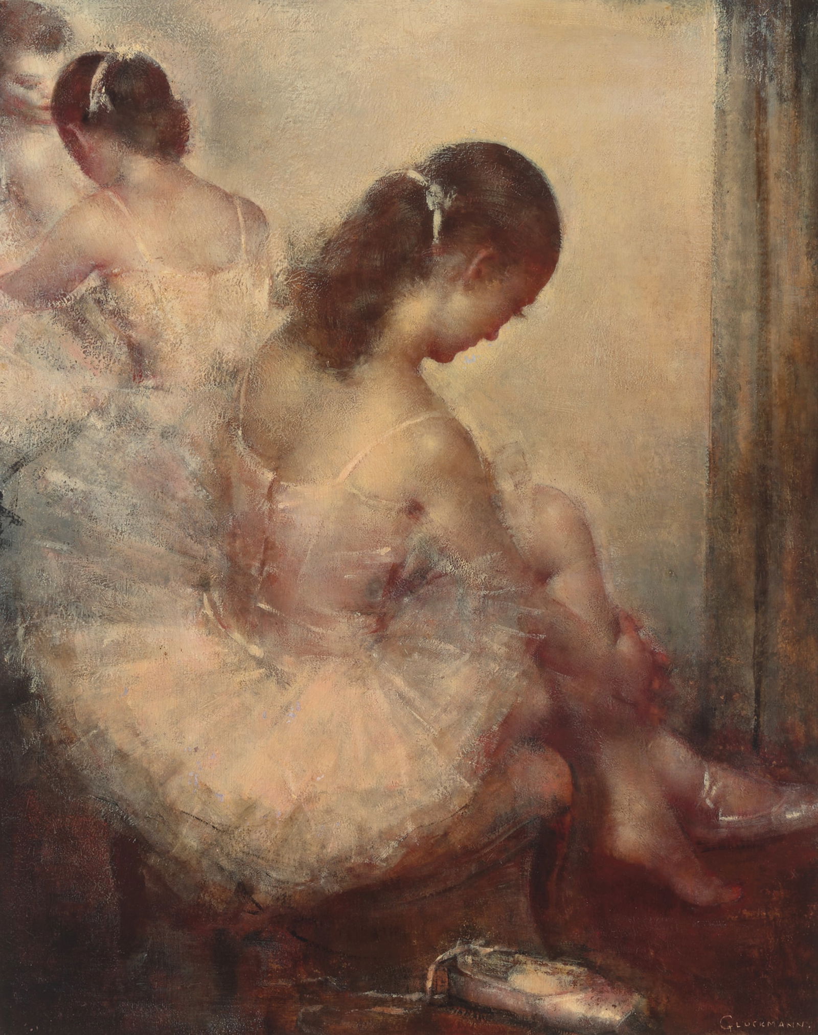 Grigory Gluckmann (1898-1973) Entre'Acte (Ballerinas) 20 1/4 x 16 1/4 in. framed 32 3/4 x 28 1/2...: Grigory Gluckmann (1898-1973) Entre'Acte (Ballerinas) signed 'Gluckmann' (lower right) oil on panel 20 1/4 x 16 1/4 in. framed 32 3/4 x 28 1/2 in. Footnotes: Provenance Dazell Hatfield Gal